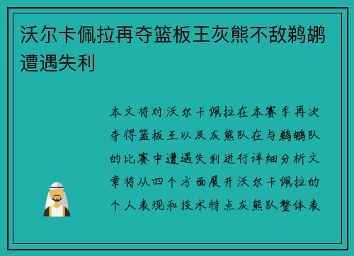 沃尔卡佩拉再夺篮板王灰熊不敌鹈鹕遭遇失利