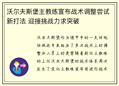 沃尔夫斯堡主教练宣布战术调整尝试新打法 迎接挑战力求突破