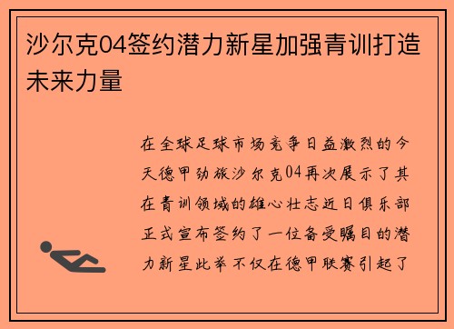 沙尔克04签约潜力新星加强青训打造未来力量