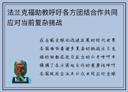 法兰克福助教呼吁各方团结合作共同应对当前复杂挑战