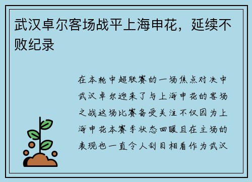 武汉卓尔客场战平上海申花，延续不败纪录