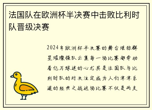 法国队在欧洲杯半决赛中击败比利时队晋级决赛