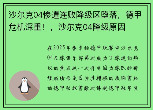 沙尔克04惨遭连败降级区堕落，德甲危机深重！，沙尔克04降级原因