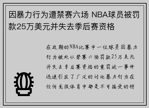 因暴力行为遭禁赛六场 NBA球员被罚款25万美元并失去季后赛资格