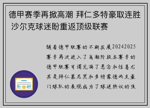 德甲赛季再掀高潮 拜仁多特豪取连胜 沙尔克球迷盼重返顶级联赛