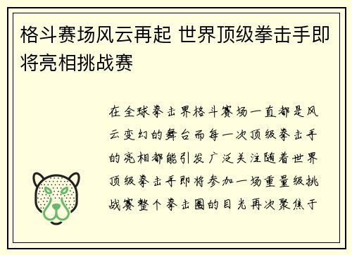 格斗赛场风云再起 世界顶级拳击手即将亮相挑战赛