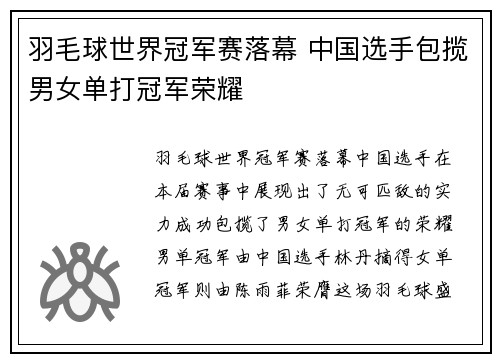 羽毛球世界冠军赛落幕 中国选手包揽男女单打冠军荣耀
