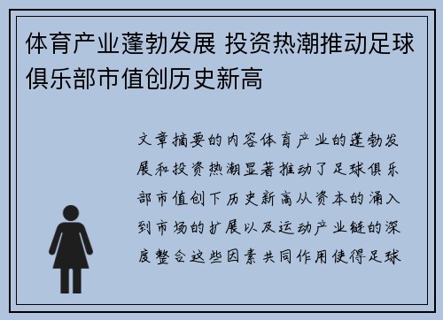 体育产业蓬勃发展 投资热潮推动足球俱乐部市值创历史新高